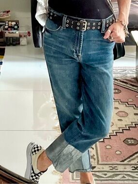 7 For All Mankind HW Cropped Straight Jeans with Metallic Silver Hem